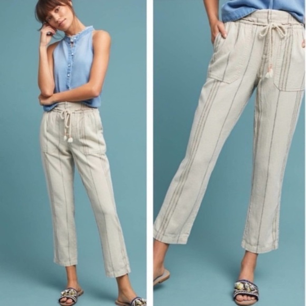 Anthropologie Seashore Linen Cream Cropped Drawstring Stripe Pants